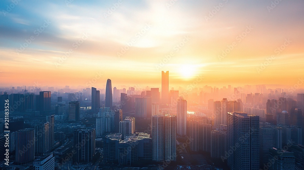 Fototapeta premium Golden Sunrise over Urban Skyline: A breathtaking aerial cityscape bathed in the warm glow of dawn, capturing the vibrant energy of a modern metropolis awakening.