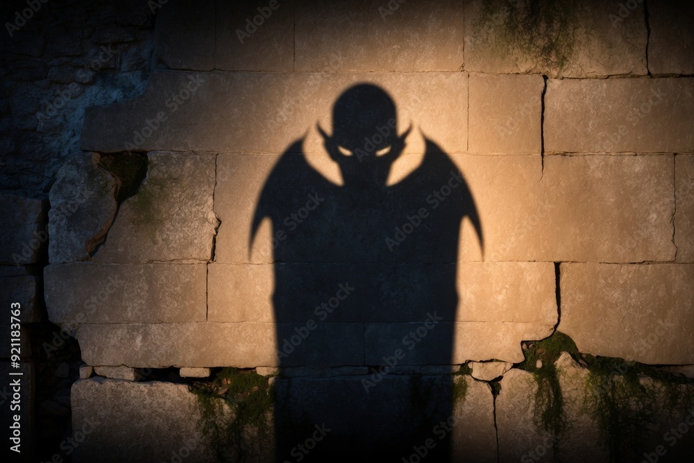 Shadow of a mythical creature cast on an ancient stone wall at dusk Shadow of a mythical creature cast on an ancient stone wall at dusk