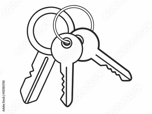 continuous single line drawing of set of keys on key ring, line art vector illustration
