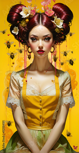 vintage beauty girl with red hair
portrait of a woman in costume
girl with red hairs, flower and bees