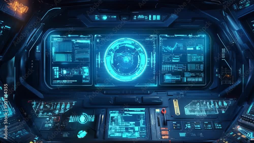 Futuristic spaceship cockpit interface with holographic displays. Sci-fi spacecraft control panel with data analytics. High-tech UI, HUD design. Future space station interior with interactive screen. Futuristic spaceship cockpit interface with holographic displays. Sci-fi spacecraft control panel with data analytics. High-tech UI, HUD design. Future space station interior with interactive screen.
