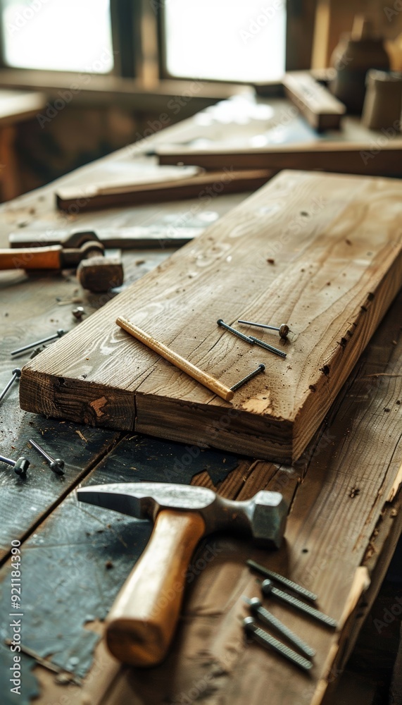 Organized DIY Workspace with Hammer, Screws, Nails and Wooden Board for Home Improvement Projects Organized DIY Workspace with Hammer, Screws, Nails and Wooden Board for Home Improvement Projects
