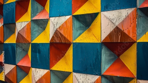 A colorful, geometric pattern of squares and triangles.