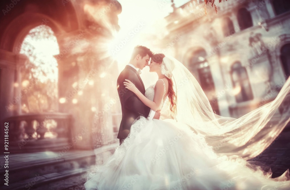 Naklejka premium A beautiful wedding photo of the bride and groom standing in front of an ancient palace, a long veil fluttering around them, the sun shining through the arches, the background is blurred