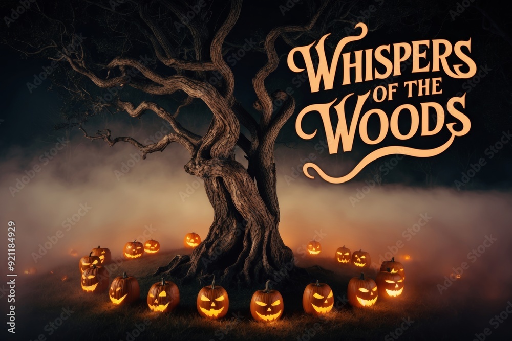 Whispers of the woods with carved pumpkins surrounding a twisted tree in a misty forest at night Whispers of the woods with carved pumpkins surrounding a twisted tree in a misty forest at night