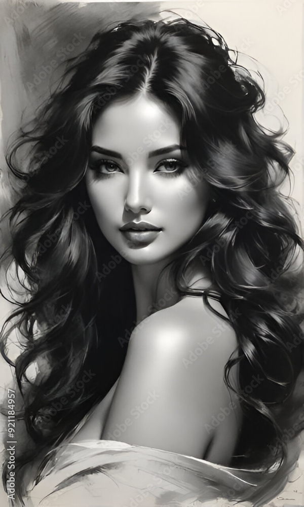 Fototapeta premium black and white portrait of a woman black and white picture of a modern girl girl with long hair black and white colour