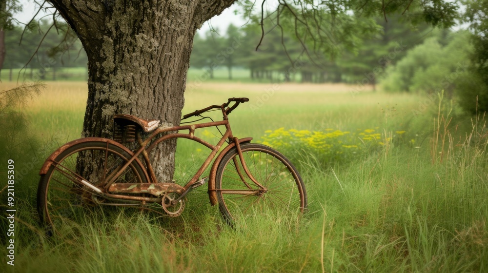 Fototapeta premium Weathered bicycle leaning against a tree in a grassy field