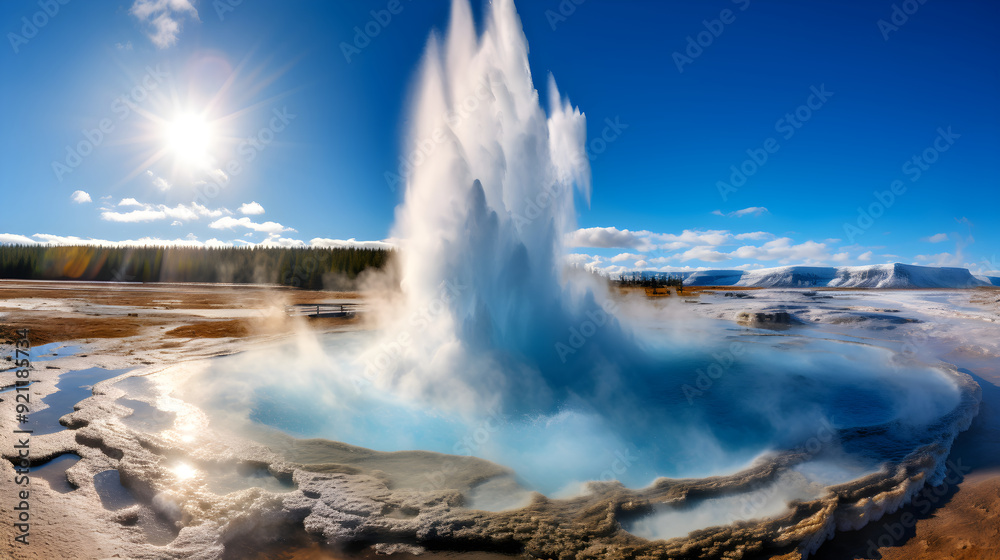 The Majestic Show of Power and Beauty: A Lone Geyser Erupting into the Clear Blue Sky The Majestic Show of Power and Beauty: A Lone Geyser Erupting into the Clear Blue Sky