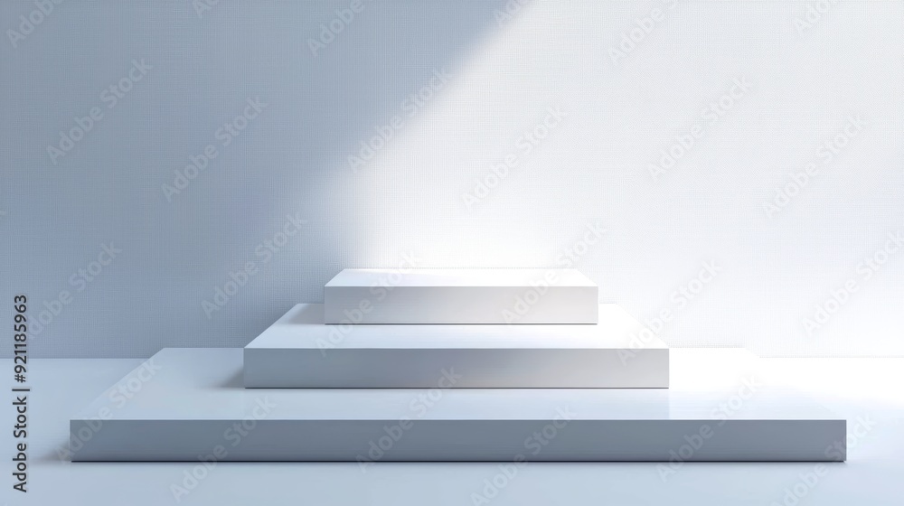 Obraz premium A modular podium system with symmetrical square platforms that can be rearranged, featuring a clean, white surface and minimalist design