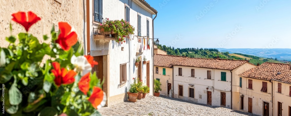 A traditional Italian village on a hillside, with cobblestone streets and terracotta rooftops A traditional Italian village on a hillside, with cobblestone streets and terracotta rooftops