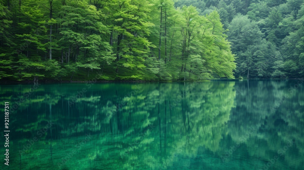 Green forest edge mirrored in the clear Green forest edge mirrored in the clear