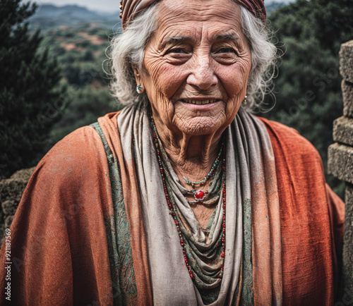 A woman with a scarf around her neck and a red necklace photo