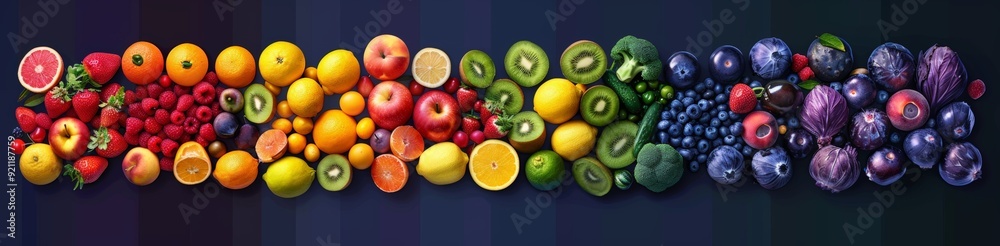A colorful spectrum of various fruits arranged in a gradient from red to purple A colorful spectrum of various fruits arranged in a gradient from red to purple