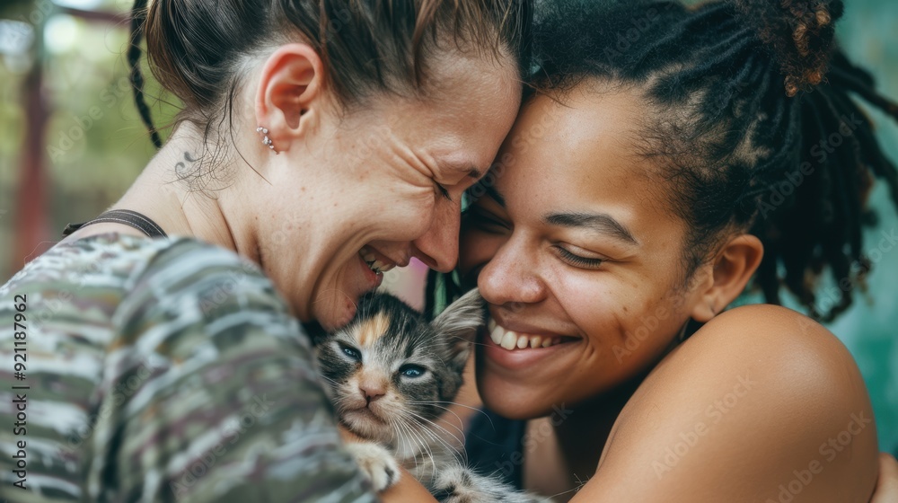 Two women are hugging a cat Two women are hugging a cat