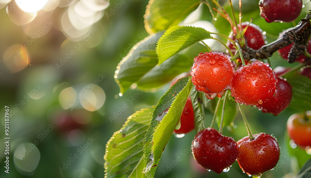 Obraz premium Branch of ripe cherries on a tree in a garden
