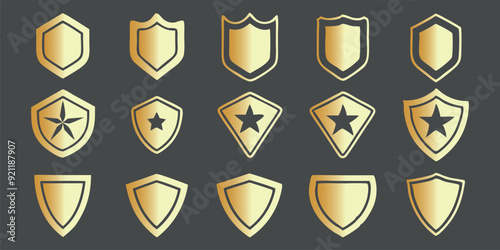 Lovely silhouettes of shields made in gold. Labels for the police, military, soccer, and other sports are shaped by golden badges. 
