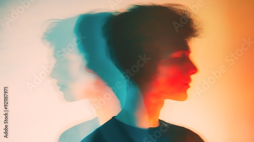 A creative portrait featuring a young person with artistic color overlays and motion blur, capturing a sense of duality and expression.