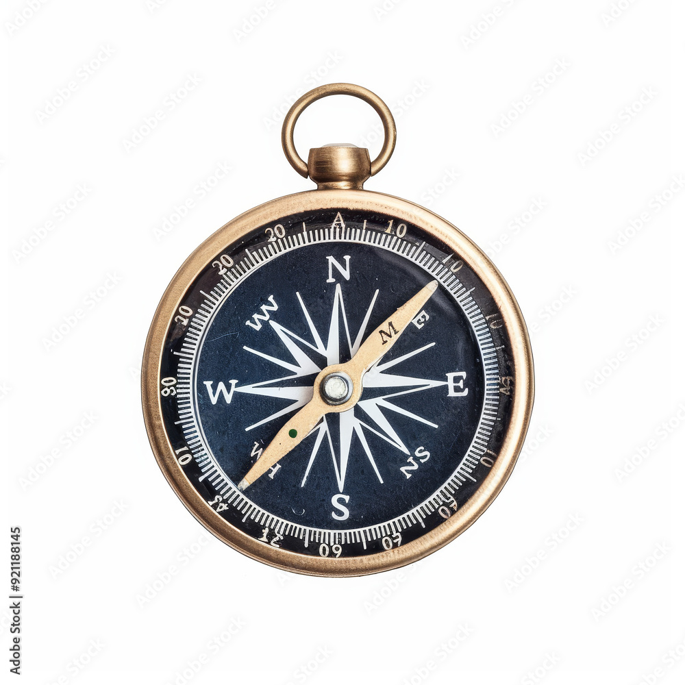 A classic compass with a brass casing and a blue face, isolated on a white background. A classic compass with a brass casing and a blue face, isolated on a white background.