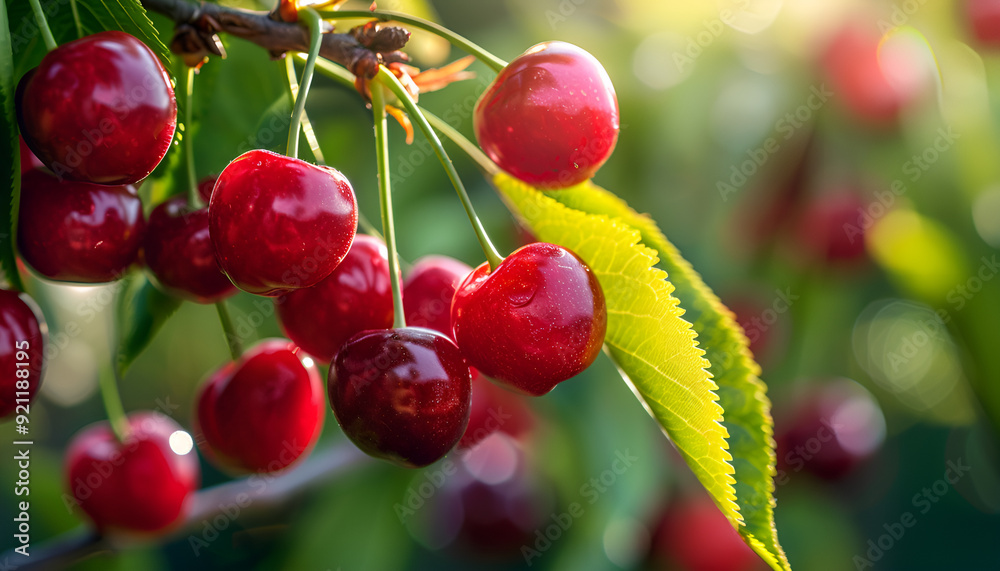 Branch of ripe cherries on a tree in a garden Branch of ripe cherries on a tree in a garden