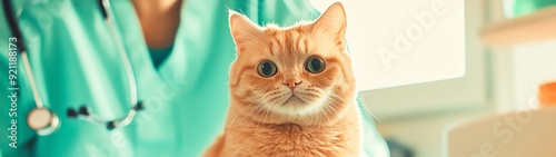 A friendly orange cat at the vet, showcasing care and compassion in a comforting environment with a medical professional.