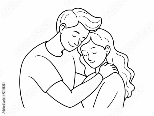 continuous single line drawing of man and woman hugging, line art vector illustration
