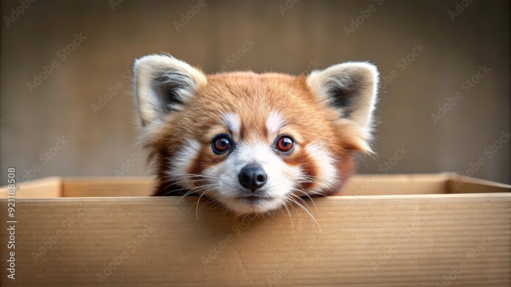 A cute red panda peeking out from a cardboard box , red panda, animal, furry, cute, mammal, wildlife, endangered, box