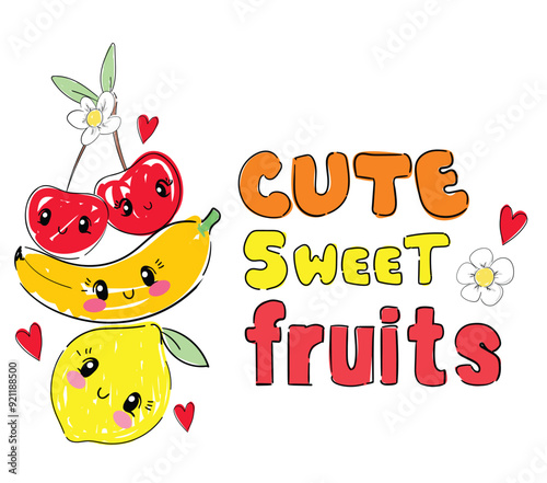 Happy fruits summer prints for kids. Cute fruits characters Creative poster, design print Vector illustration.