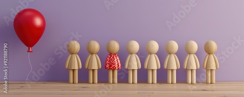 A red balloon floats above a line of wooden figurines, one of which is wearing a patterned dress.  Concept of individuality, standing out, and uniqueness.