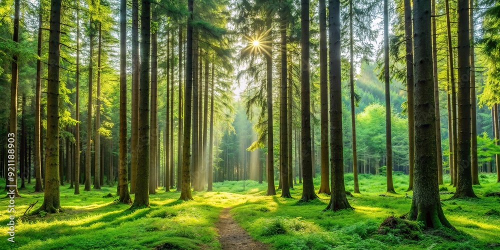 Serene forest landscape with tall trees and lush greenery, nature, environment, woodland, trees, foliage, peaceful Serene forest landscape with tall trees and lush greenery, nature, environment, woodland, trees, foliage, peaceful