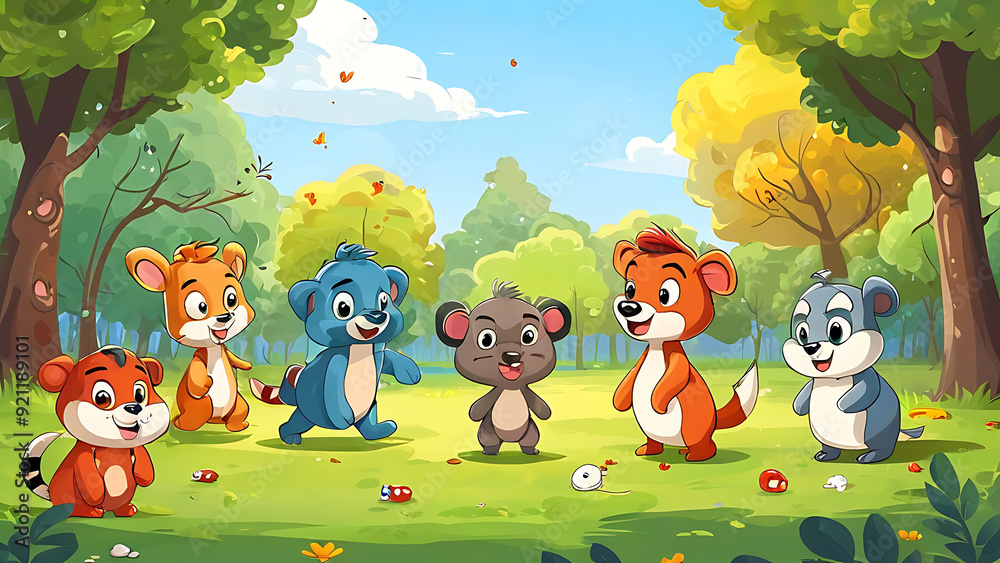 Obraz premium Cartoon animal characters playing in a park 