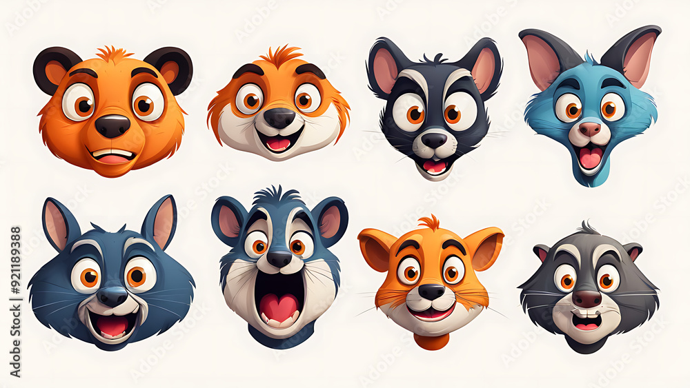 Fototapeta premium Cartoon animal faces with exaggerated expressions 