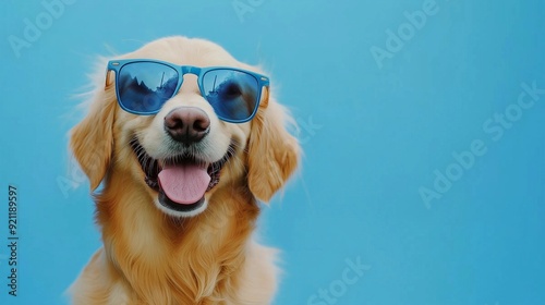 Smiling retriever dog portrait wearing sunglasses on light blue background with copy space. Summer pet and relax concept. Photoshoot for pet store, club. Backdrop for banner, cover, postcard, card