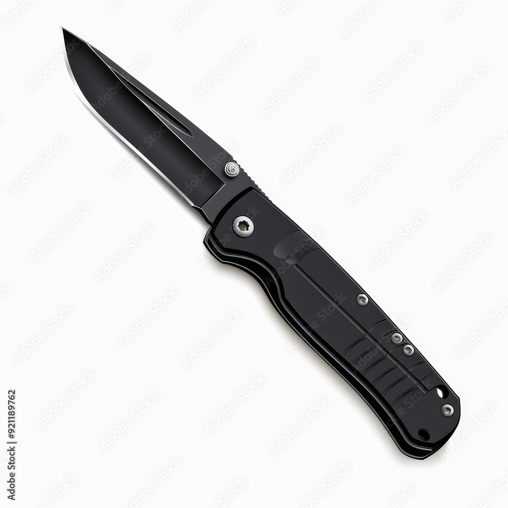 A black folding knife with a sharp blade and a textured handle, isolated on a white background. A black folding knife with a sharp blade and a textured handle, isolated on a white background.