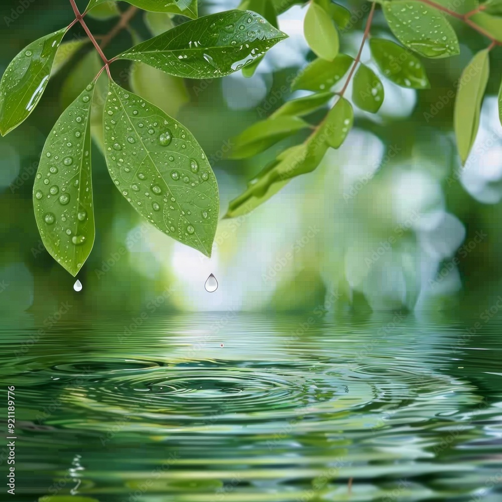 fresh green leaves with water drops over the water , relaxation with water ripple drops concept fresh green leaves with water drops over the water , relaxation with water ripple drops concept