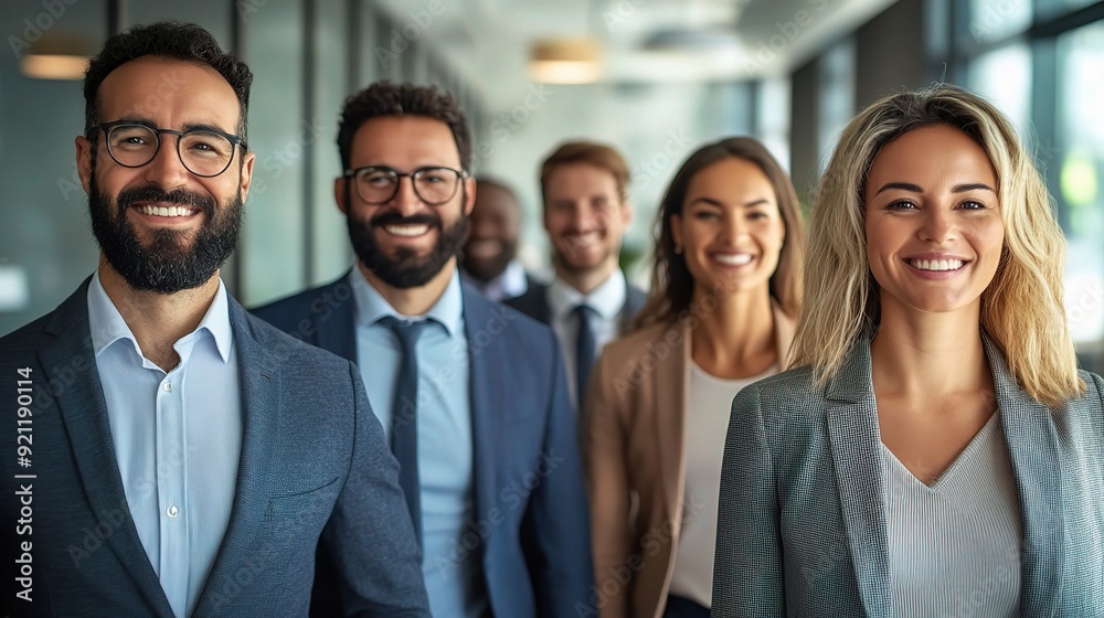 Confident Business Team: A diverse team of smiling business professionals stand in a modern office, exuding confidence and success. 