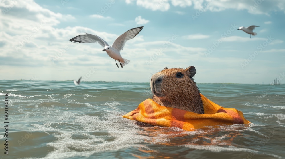 Obraz premium Capybara Enjoying a Beach Day: Cute rodent in ocean with towel cape, surrounded by seagulls in playful summer scene.