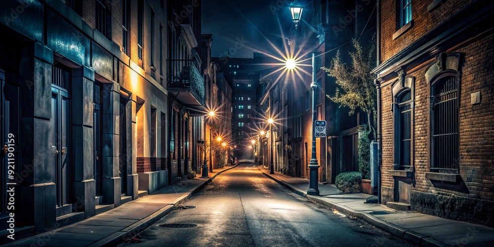 Dark and mysterious street at night with glowing lights and shadows, urban, city, night, street, alley, mysterious Dark and mysterious street at night with glowing lights and shadows, urban, city, night, street, alley, mysterious
