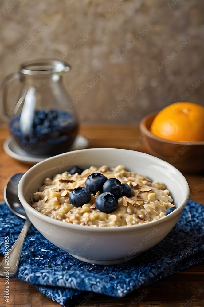A steaming bowl of oatmeal with blueberries scattered across the top and a carafe of orange juice. A steaming bowl of oatmeal with blueberries scattered across the top and a carafe of orange juice.
