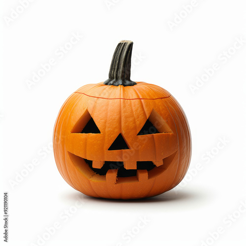 A carved pumpkin with a traditional jack-o'-lantern face, isolated on a white background.