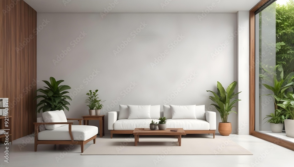 Fototapeta premium A modern living room with a white sofa, wooden coffee table, and potted plants against a white concrete wall.