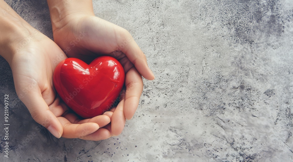 A beautiful closeup image of hands gently cradling a shiny red heart, which symbolizes deep love and compassion A beautiful closeup image of hands gently cradling a shiny red heart, which symbolizes deep love and compassion