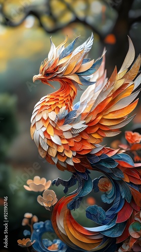 Auspicious Phoenix in 3D Art: A three-dimensional auspicious phoenix with detailed textures and vibrant colors, symbolizing modern grace and prosperity