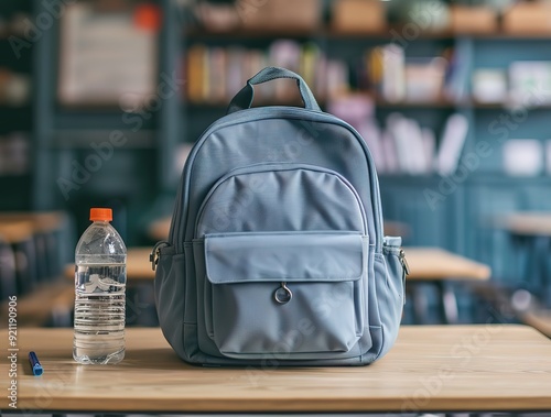 A blue backpack sits on a wooden desk in a classroom with a water bottle and a pen. Back to school, education, learning, classroom supplies.