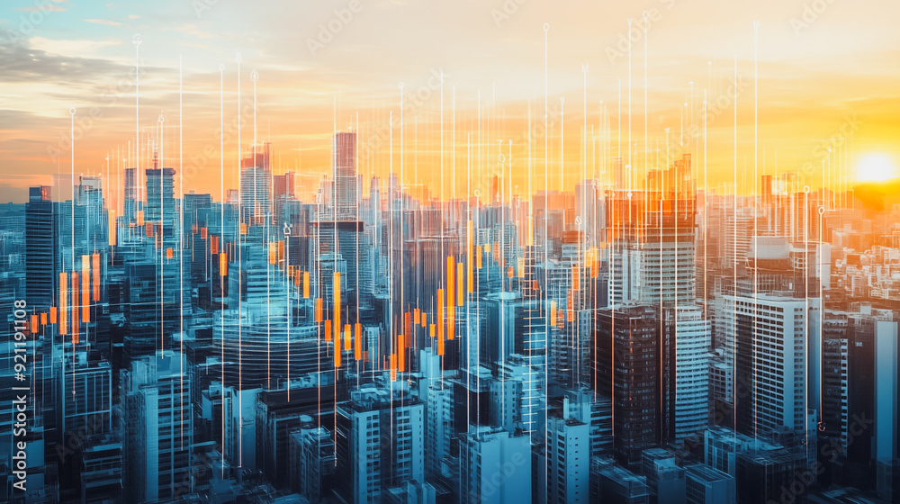 Smart digital city with connection network that is at the cutting edge of innovation in technology and business with bright, modern skyscrapers. Backgrounds for technology and charts and graphs