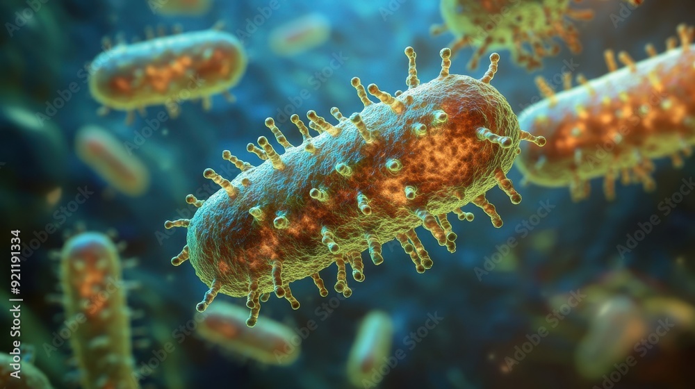 Microscopic World: Close-up Details of Bacteria with Flagella and Copy Space Microscopic World: Close-up Details of Bacteria with Flagella and Copy Space
