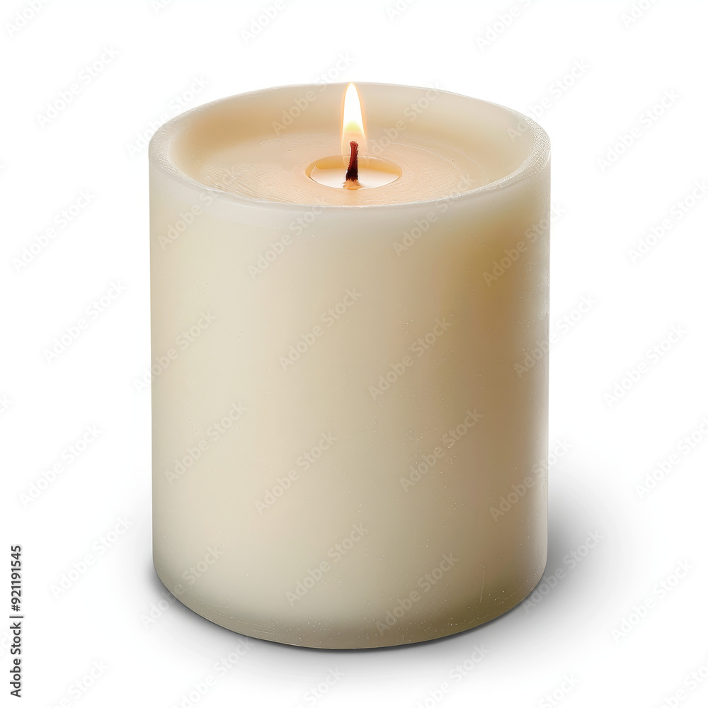 A single white candle burning brightly against a white background. A single white candle burning brightly against a white background.