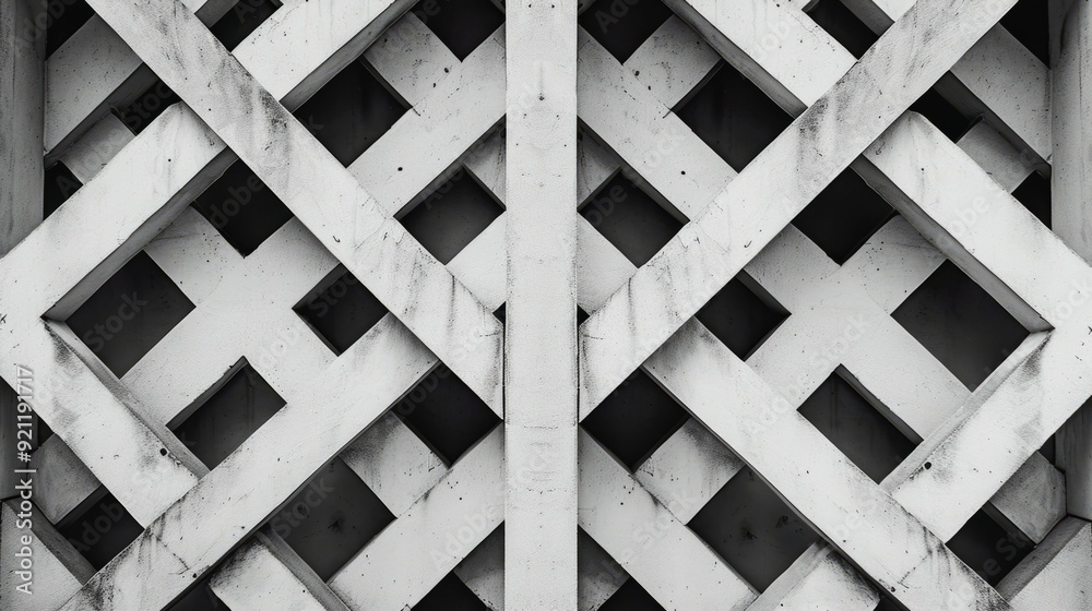 A close-up view of a white concrete lattice structure with a repeating pattern. A close-up view of a white concrete lattice structure with a repeating pattern.