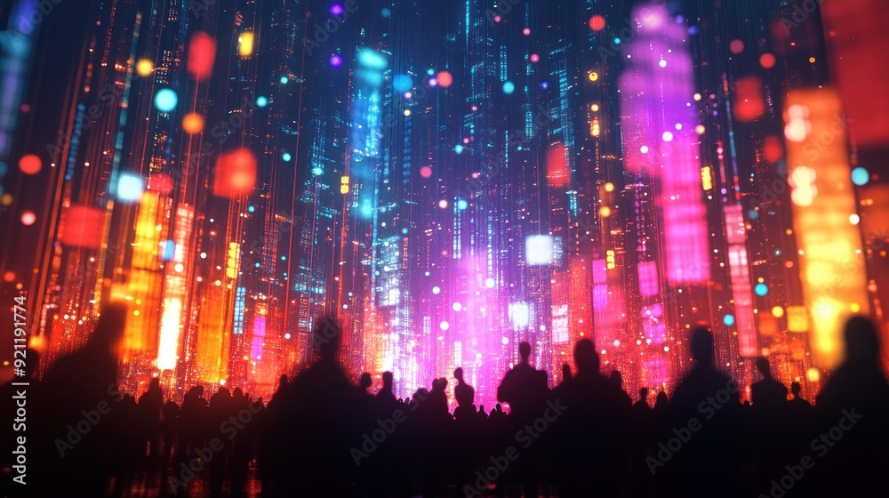 A dynamic 3D animation presents a nocturnal entertainment event teeming with silhouettes swaying to captivating melodies The stage radiates with vibrant lights casting enchanting hues over the A dynamic 3D animation presents a nocturnal entertainment event teeming with silhouettes swaying to captivating melodies The stage radiates with vibrant lights casting enchanting hues over the