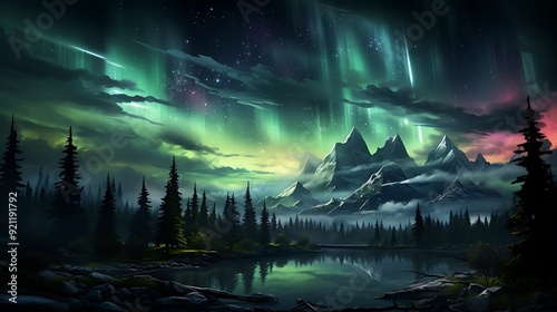 Aurora night Sky with dark forest with mountains and a lake AI Generated