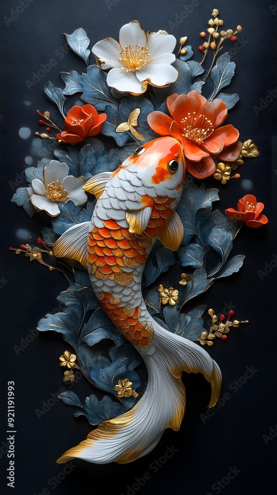 Auspicious Koi Fish with Golden Accents: Koi fish highlighted with gold accents and intricate designs, representing prosperity and abundance